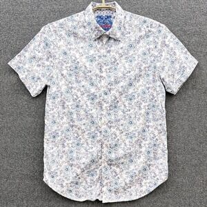 Robert‎ Graham Shirt Men Small White Blue Floral Classic Short Sleeve Hawaiian